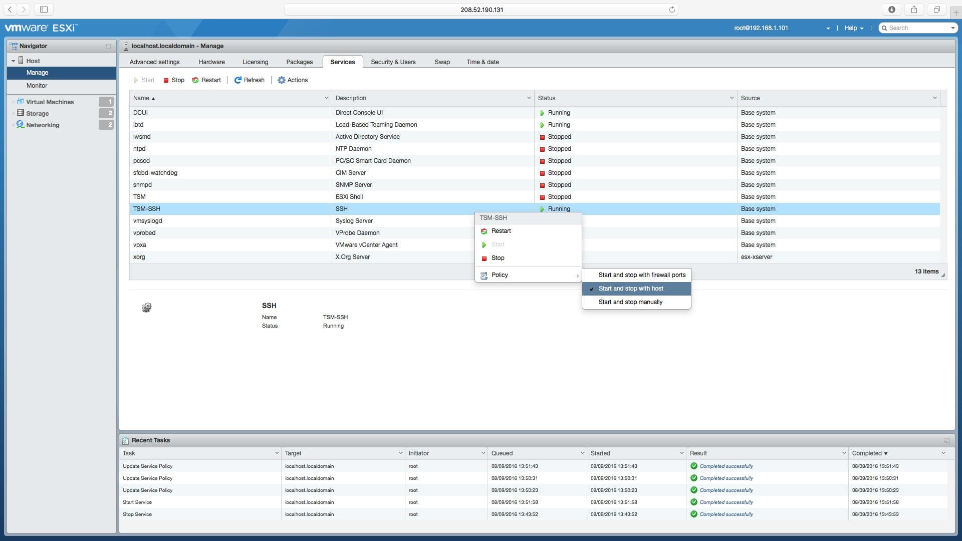 ESXi embedded host client_adjust service policy