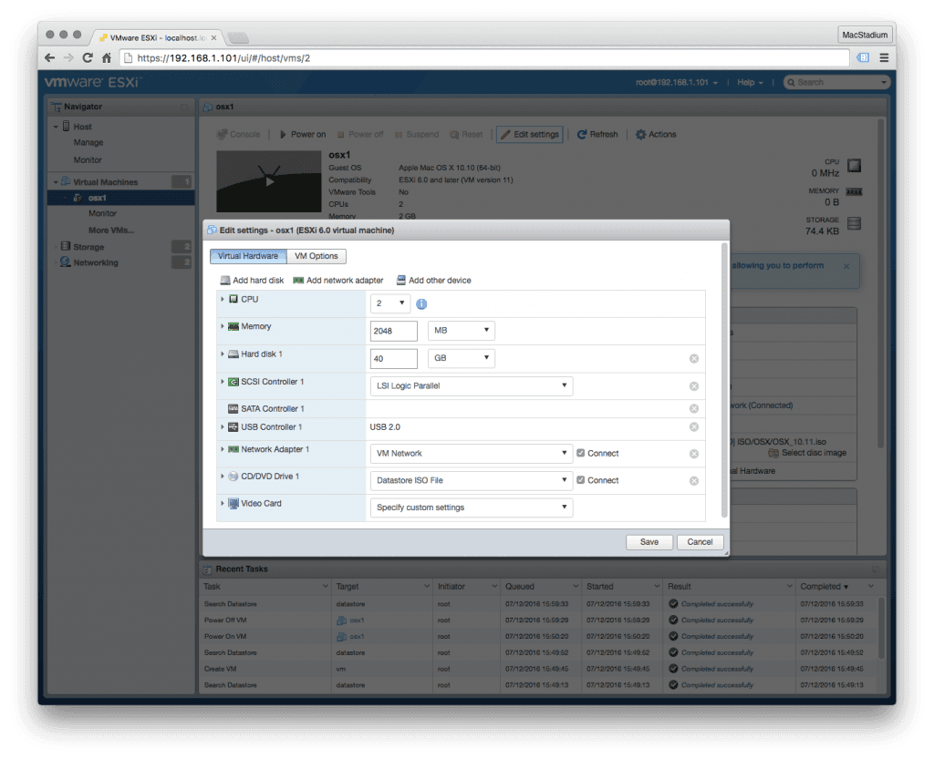edit settings in virtual machine