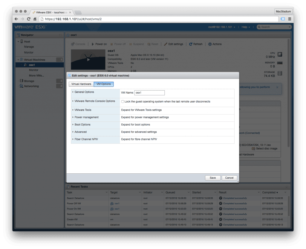 select VM options at the top