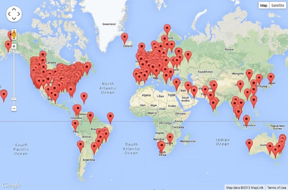 Map of world with pins indicating MacStadium customers
