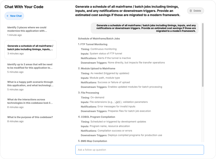 Chat interface showing a conversation about generating a schedule for mainframe batch jobs, listing jobs like FTP monitoring, module upload, file processing, COBOL compilation, and BMS map compilation with details on timing, inputs, notifications, and downstream triggers.