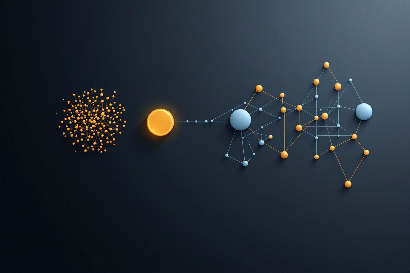 Abstract CoreStory research visual showing a single opaque token moving from a tool-response source into an AI reasoning lattice.