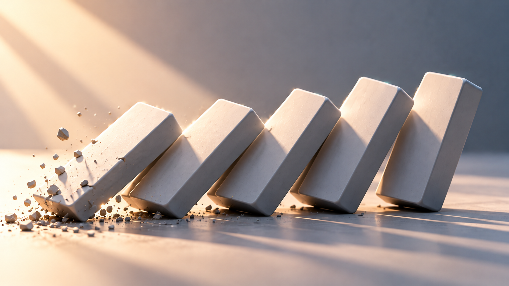 A row of white blocks toppling like dominoes, with the first one crumbling, showing how one missed rule cascades through a system.