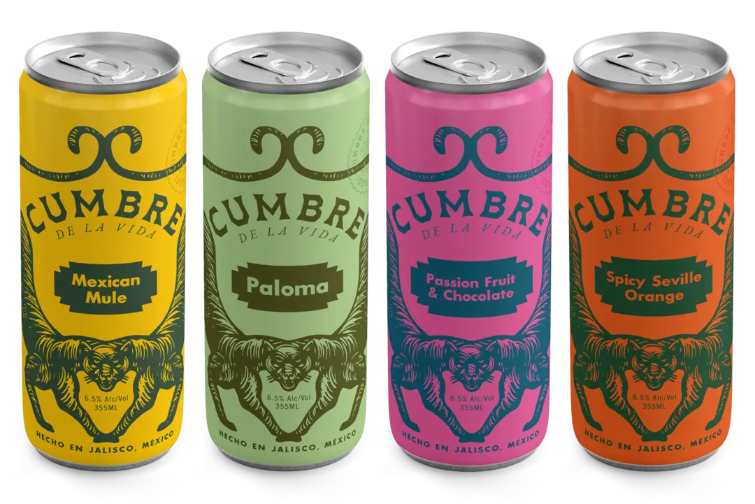 Four colorful cans of Cumbre de la Vida alcoholic beverages in flavors Mexican Mule, Paloma, Passion Fruit & Chocolate, and Spicy Seville Orange.