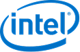 Intel logo featuring blue text with curved swoosh design element