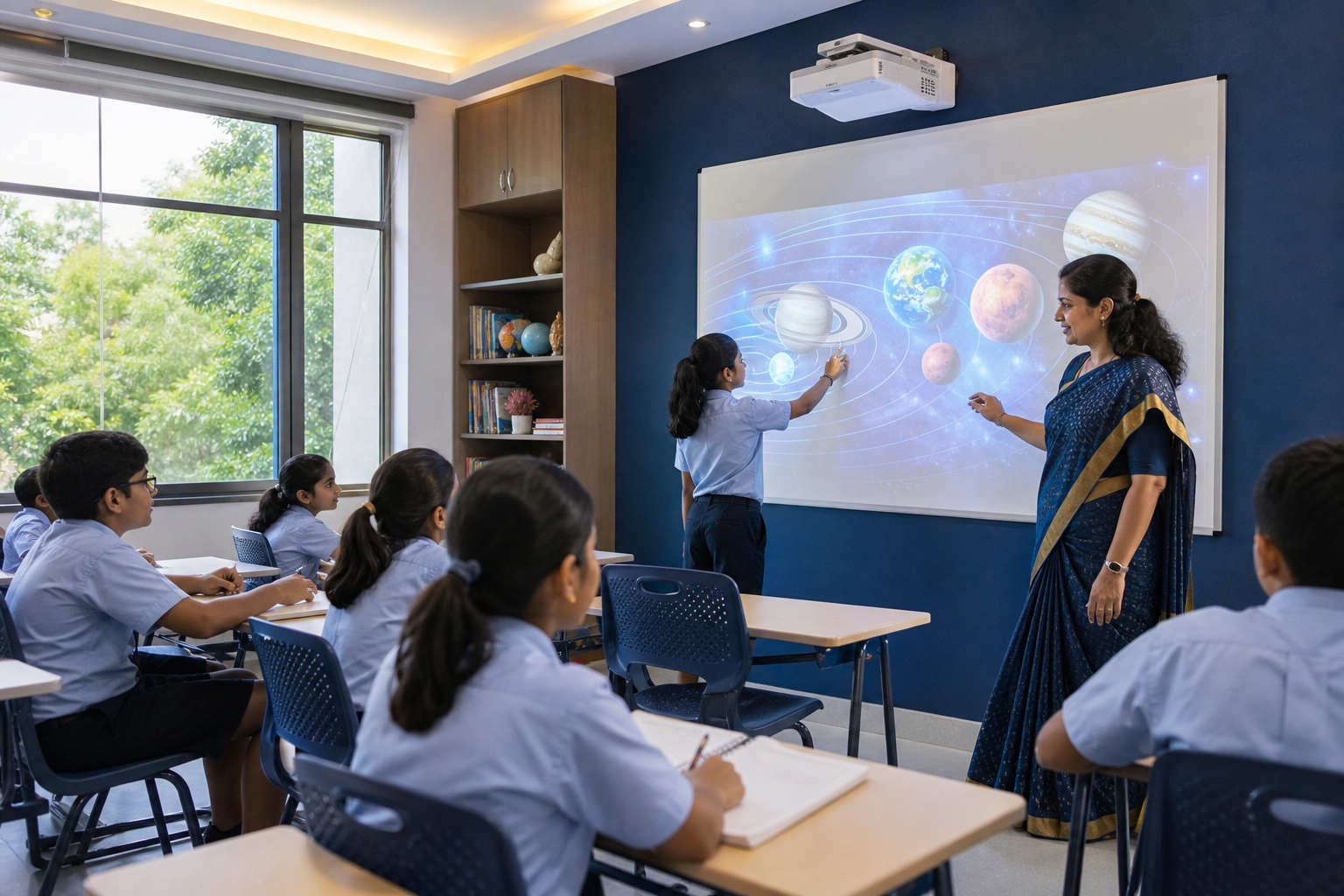Teacher and students in a modern classroom with Roombr display