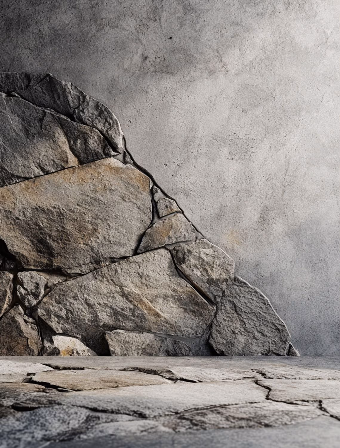 Rough stone wall and cracked stone floor with natural textures and shades of gray and brown.