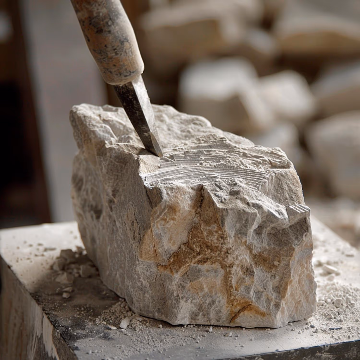 Chisel carving a rough piece of granite stone on a workbench with dust and chips around.