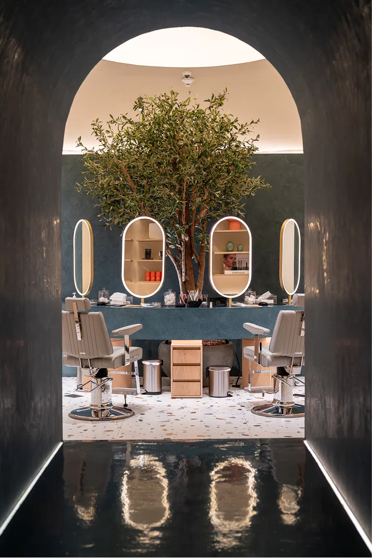 Modern salon interior with two styling chairs facing oval mirrors and a large indoor tree between them.