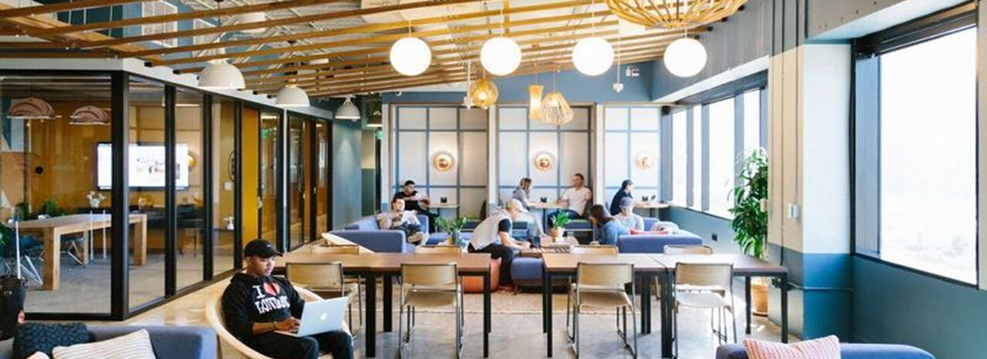 Modern office lounge with people working on laptops, blue sofas, wooden tables, and large windows with natural light.