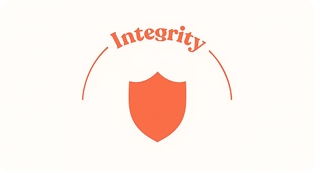 Orange shield icon with the word Integrity curved above it on a pale background.