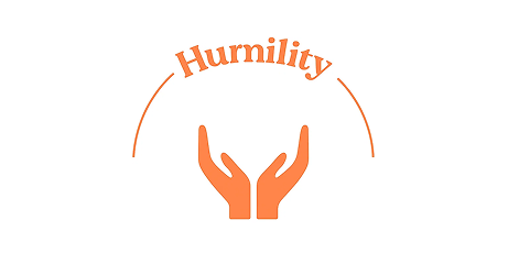 Two orange hands raised with the word 'Humility' curved above them.