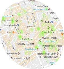 Circular map showing central London area with landmarks including Soho, Piccadilly Circus, Golden Square, and several theatres like Palace Theatre and Queen's Theatre.