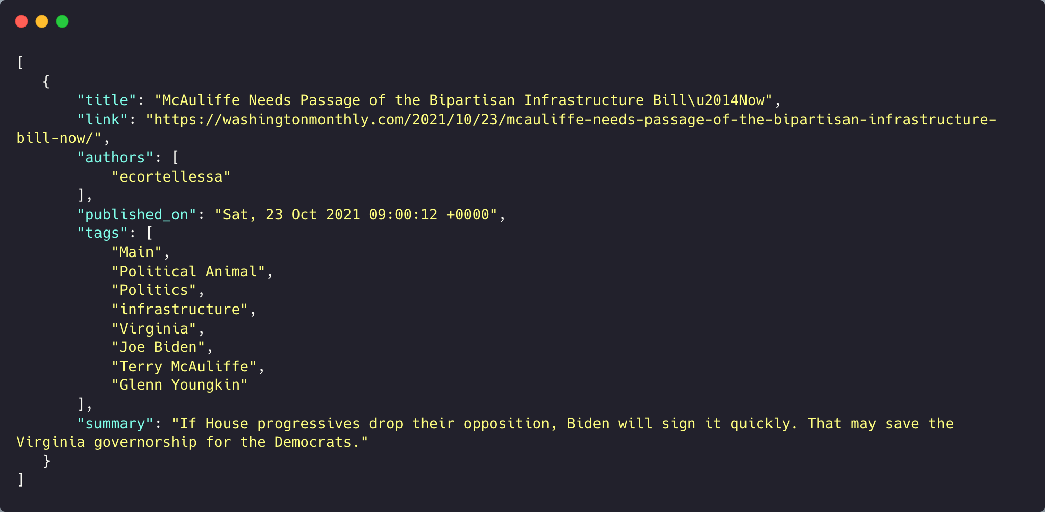 newscatcher article JSON