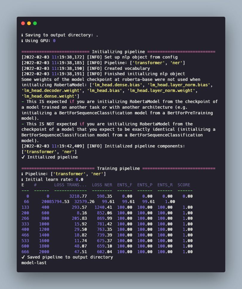 Training console output