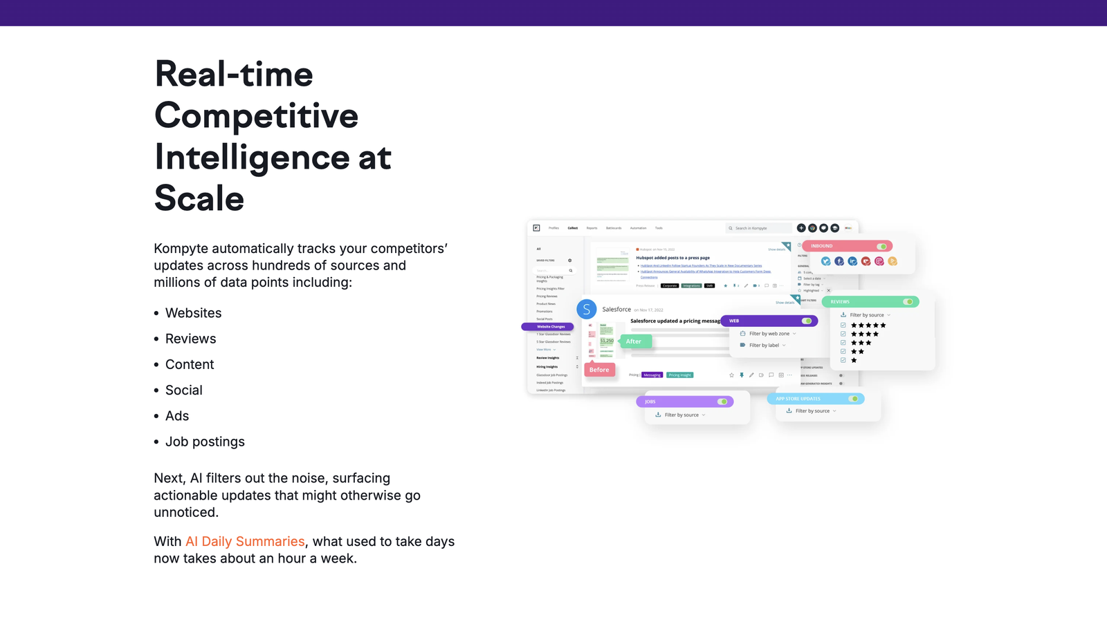 Kompyte competitor tracking view with source and review filters