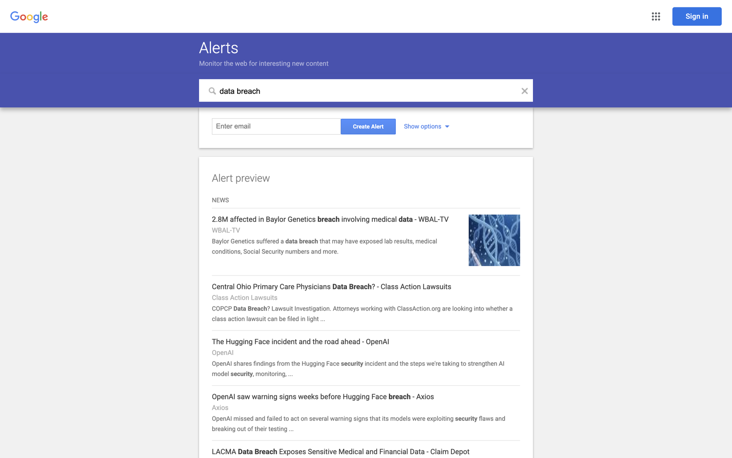 Google Alerts with a "data breach" alert being set up, showing the email delivery field and a live preview of matching news results