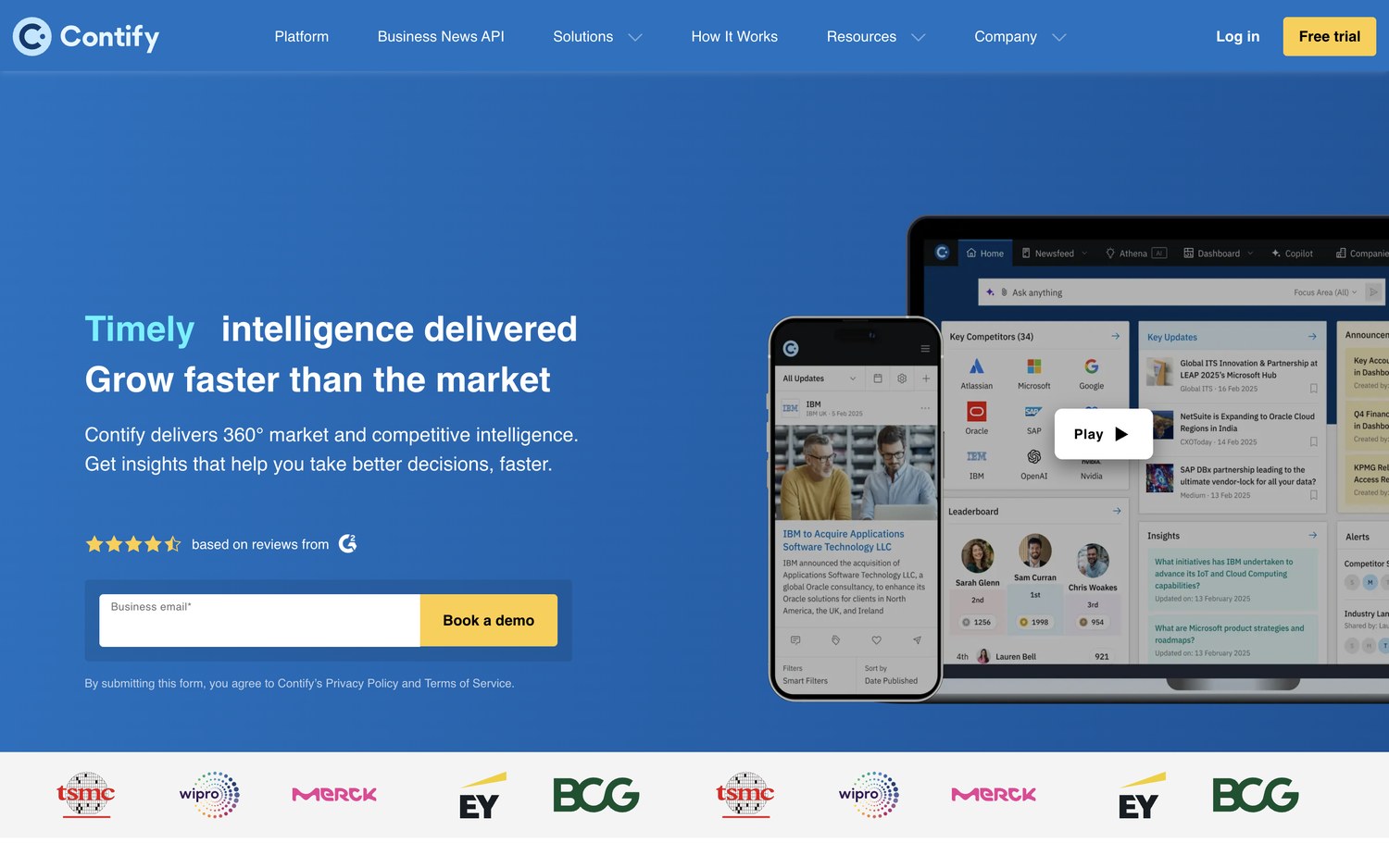 The Contify home page, headlined "Timely intelligence delivered" beside its newsfeed and dashboard interface