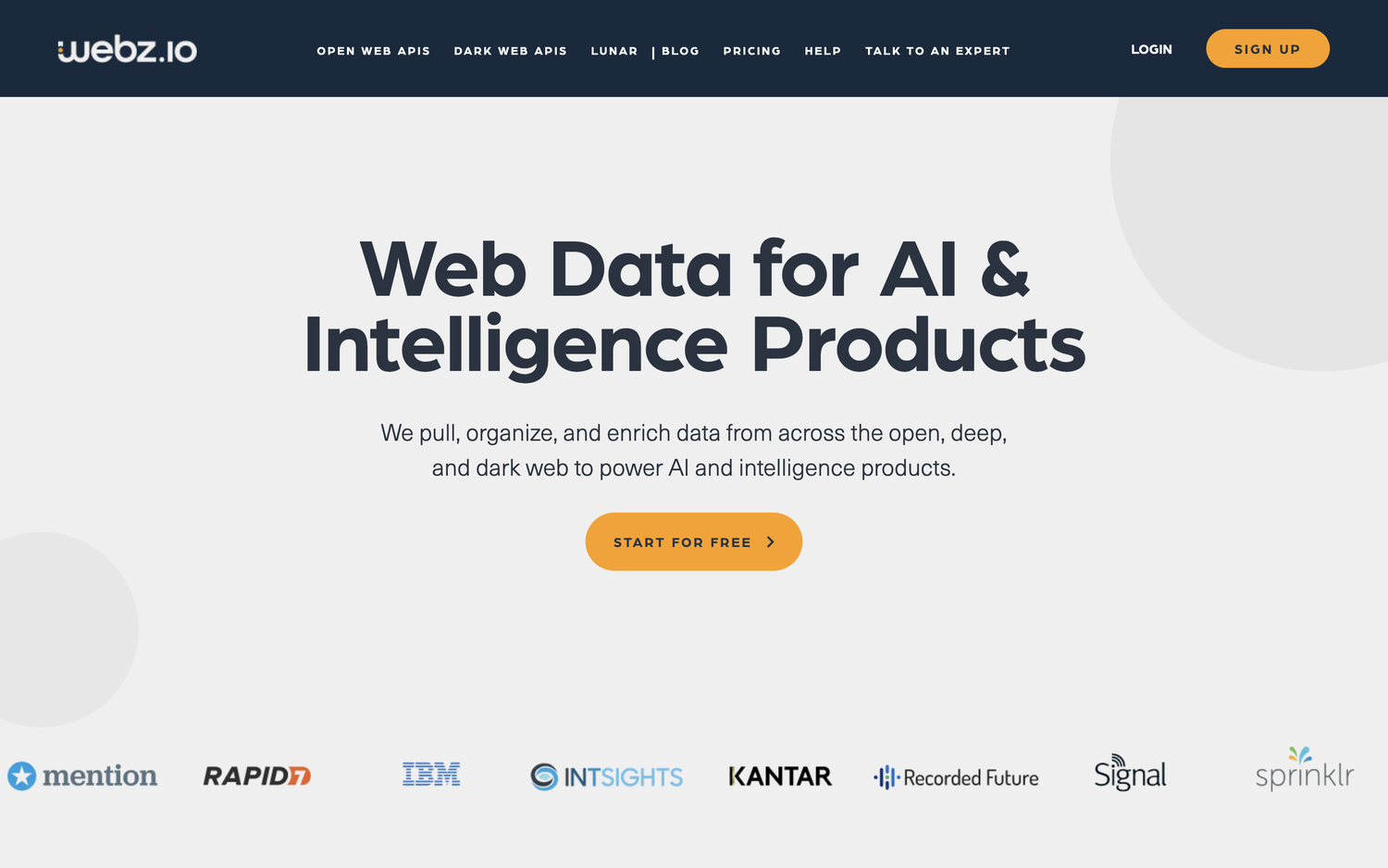 The Webz.io home page, headlined "Web Data for AI & Intelligence Products", with its customer logos