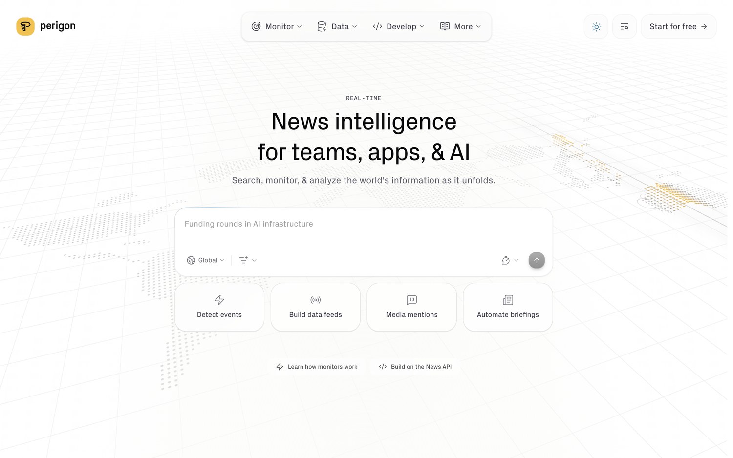 The Perigon home page, headlined "News intelligence for teams, apps, & AI", with its search box and starting points