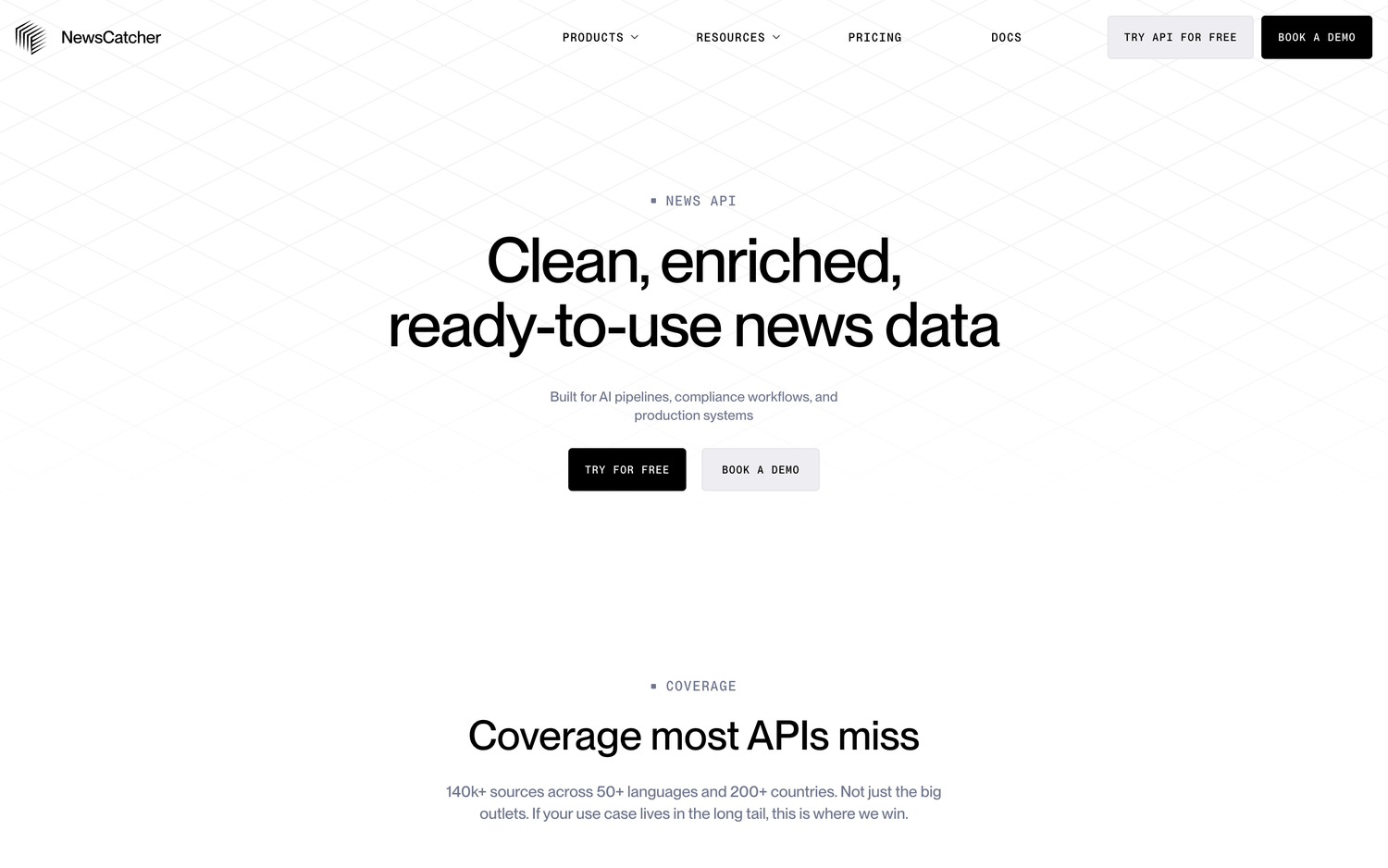 The NewsCatcher News API page, headlined "Clean, enriched, ready-to-use news data"