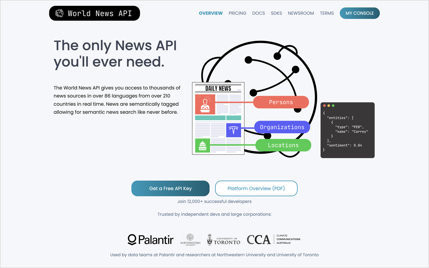 The World News API homepage, with a diagram showing persons, organizations and locations tagged out of an article into JSON