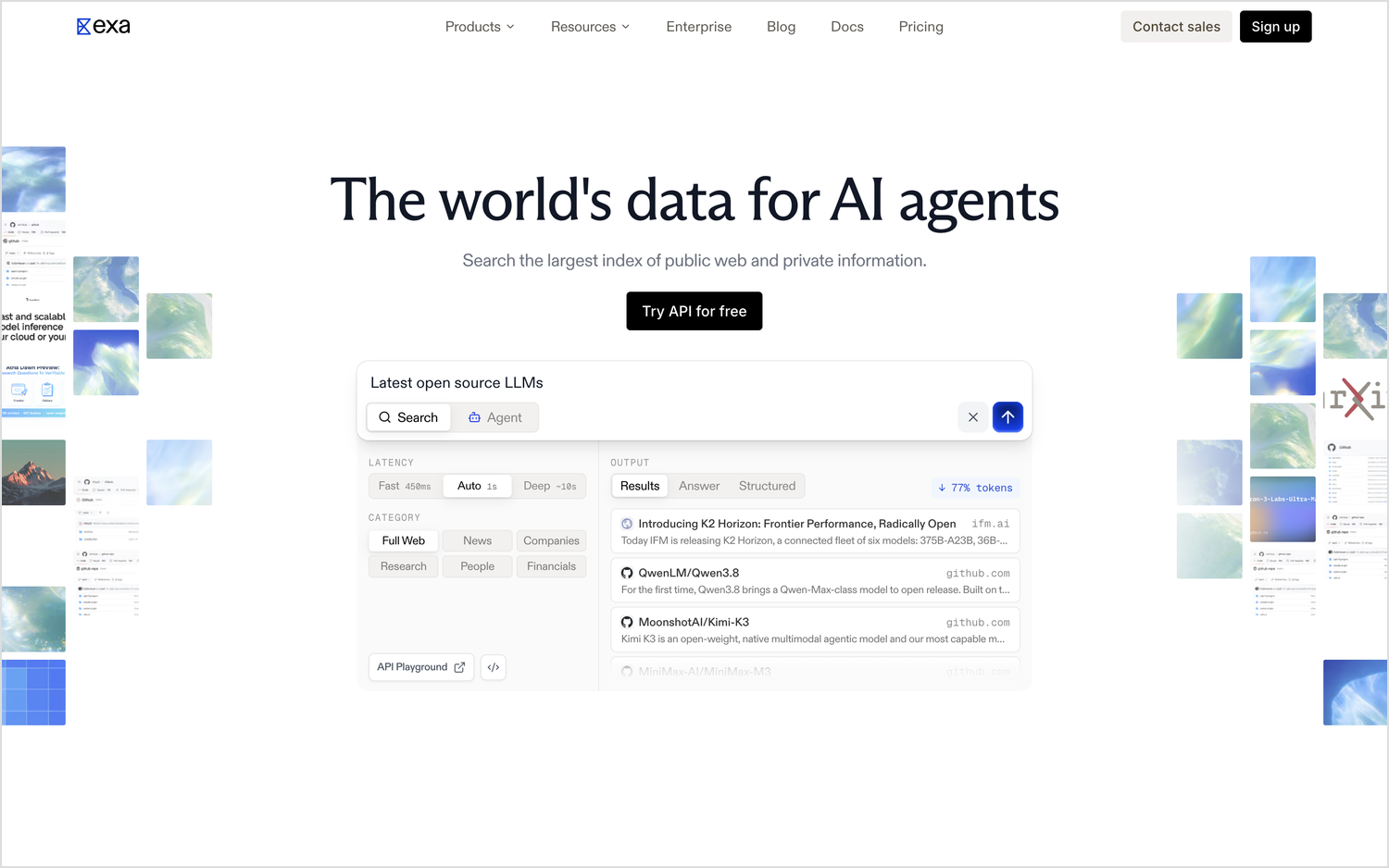The Exa homepage with its live search demo, showing News as one category filter beside Full Web, Companies, Research, People and Financials