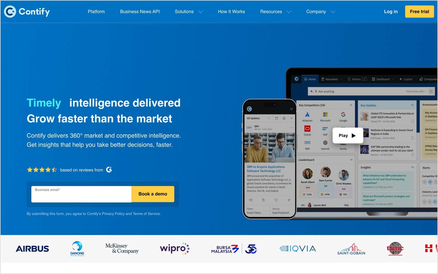 Contify homepage hero reading "Timely intelligence delivered. Grow faster than the market"