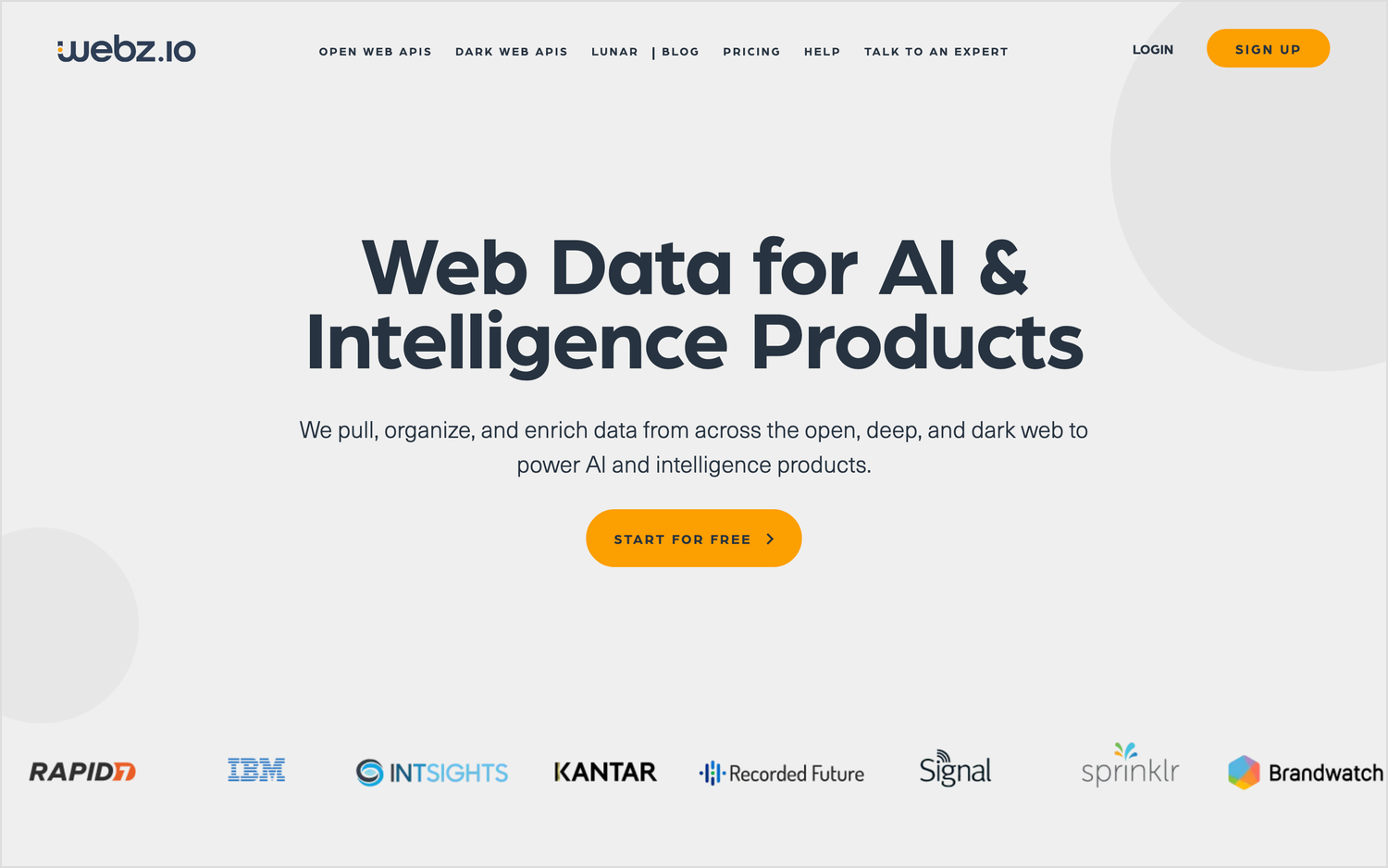 Webz.io homepage hero reading "Web Data for AI & Intelligence Products"
