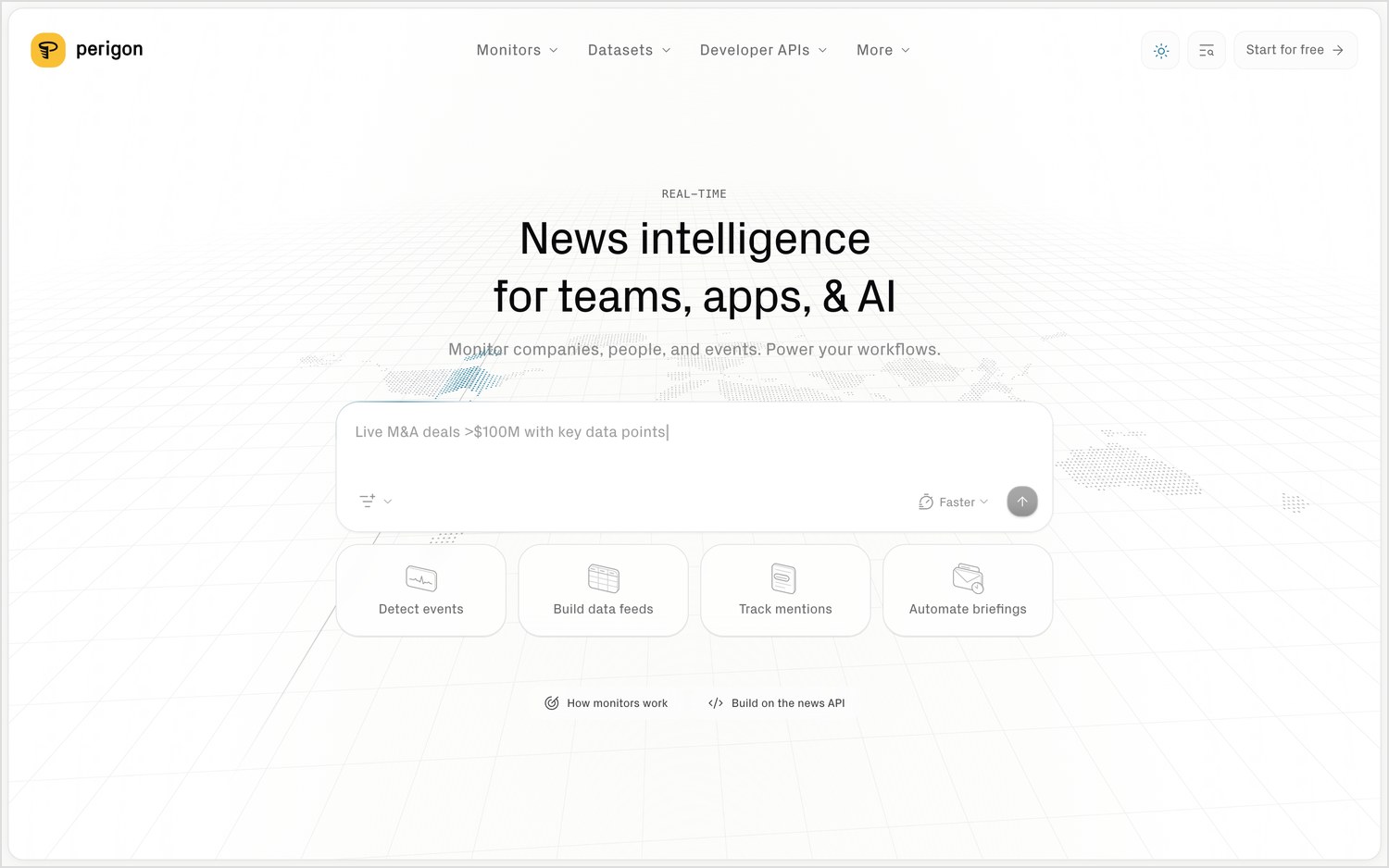 Perigon homepage hero reading "News intelligence for teams, apps, & AI" with a search box