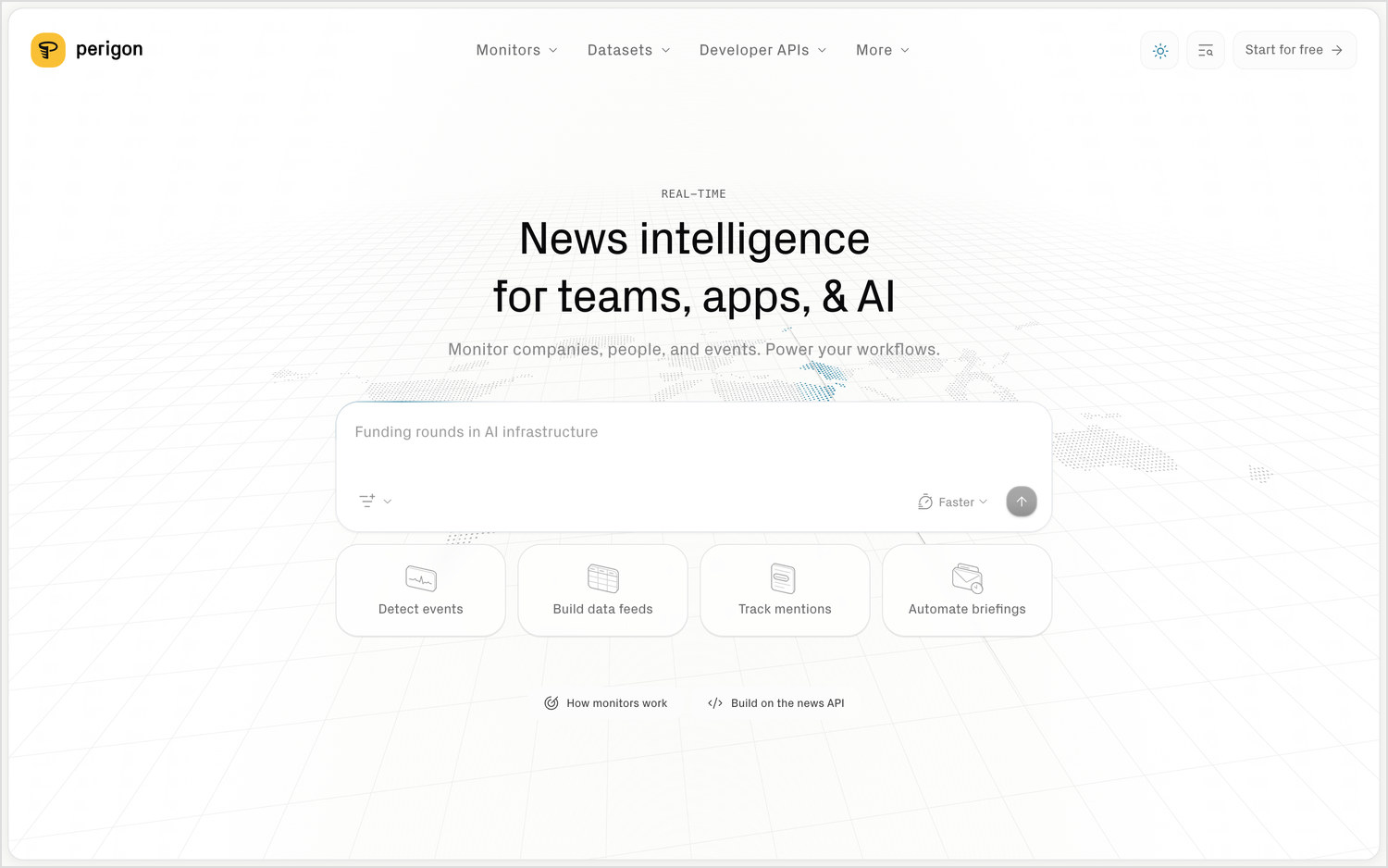 Perigon's homepage, headlined "News intelligence for teams, apps, & AI", over a search box and four use-case cards