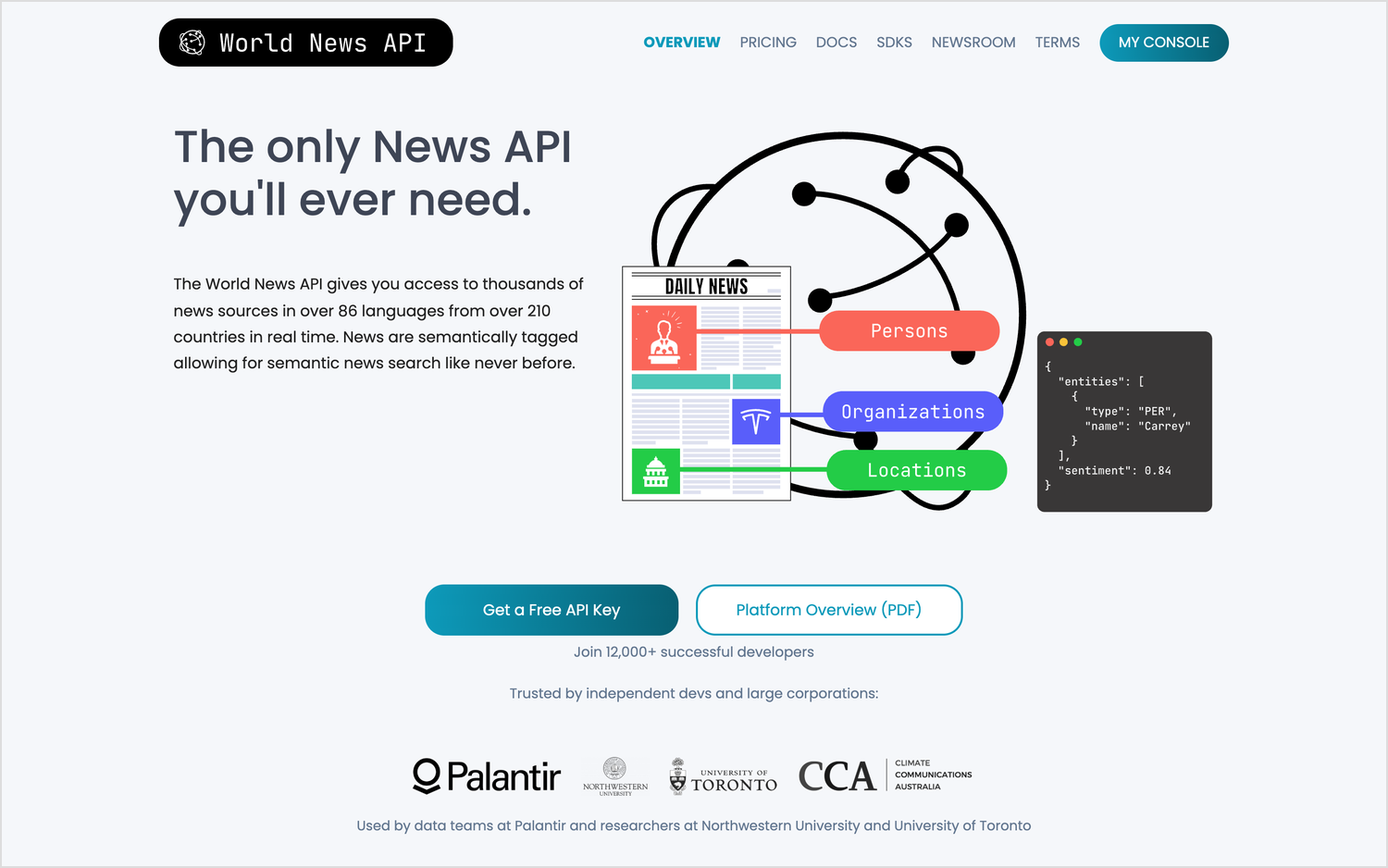 World News API's homepage, headlined "The only News API you'll ever need.", beside an illustration of entity tagging and a JSON sample