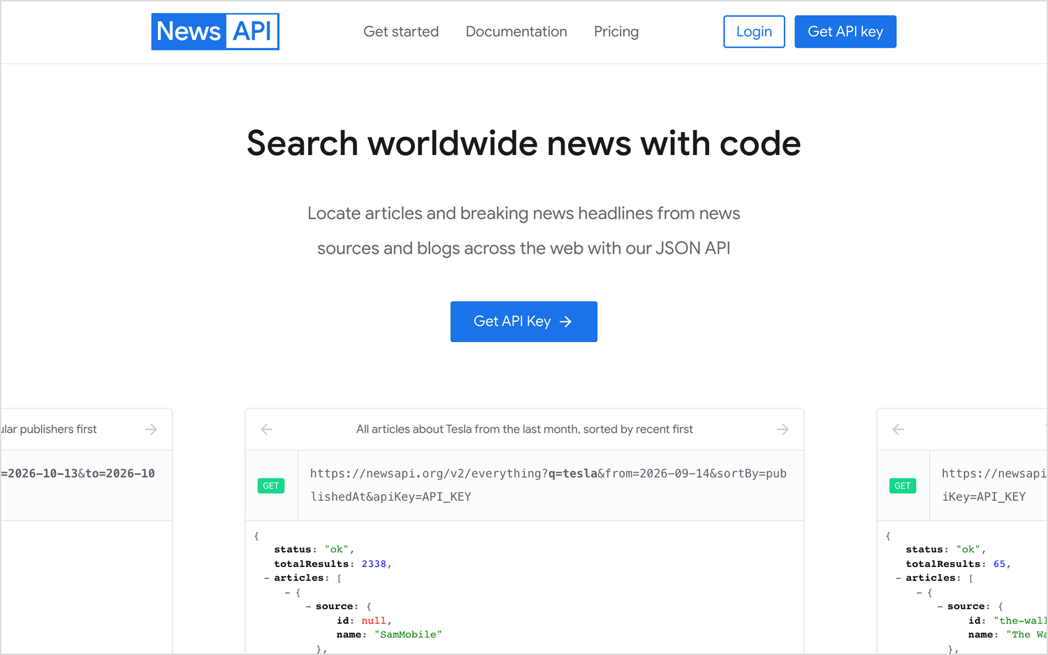 newsapi.org's homepage, headlined "Search worldwide news with code", above example requests and JSON responses