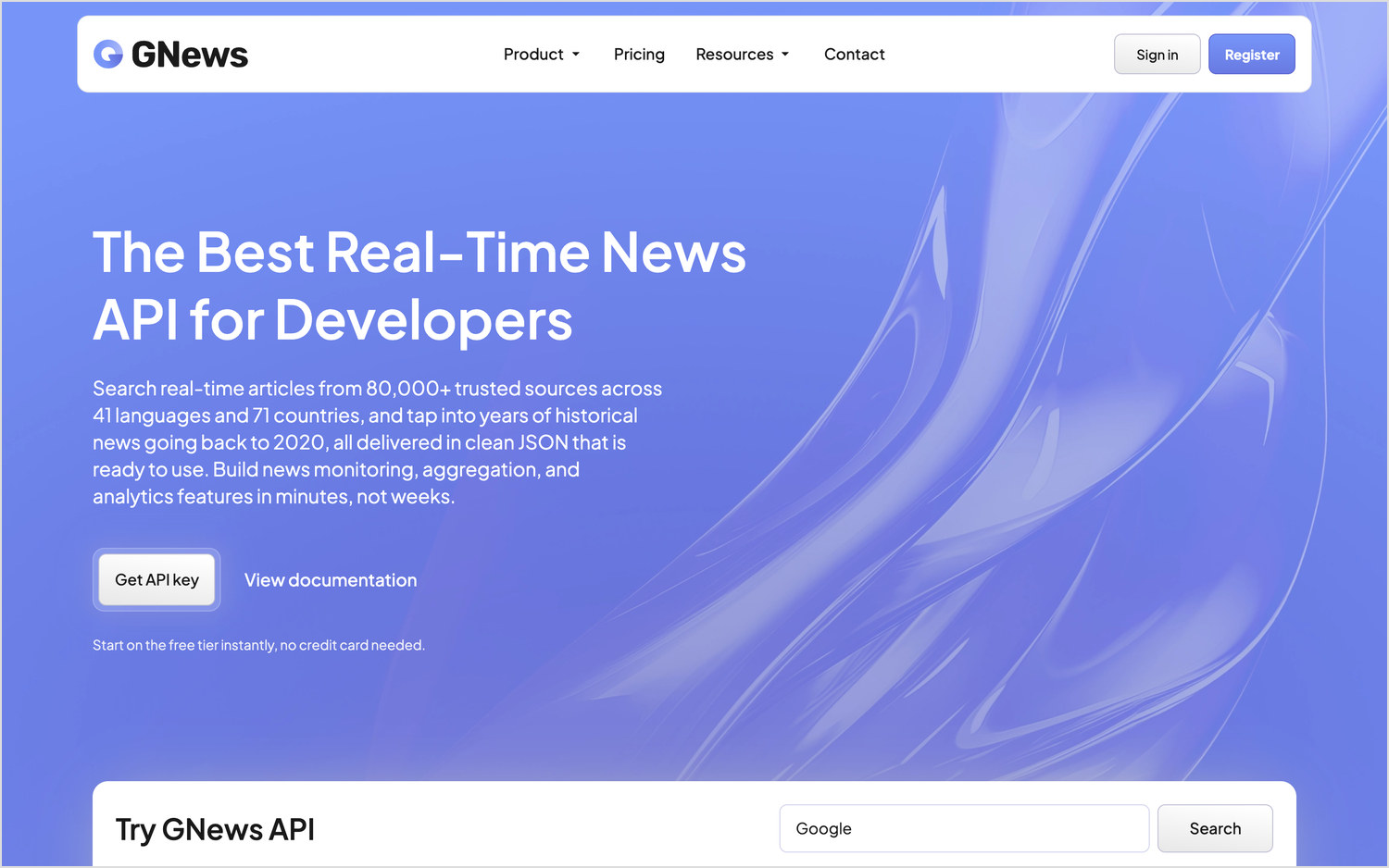 GNews's homepage, headlined "The Best Real-Time News API for Developers", above a "Try GNews API" search box