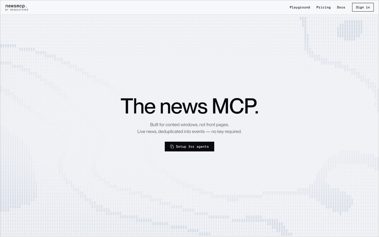 The NewsMCP homepage, headlined "The news MCP.", with a "Setup for agents" button on a dot-matrix background