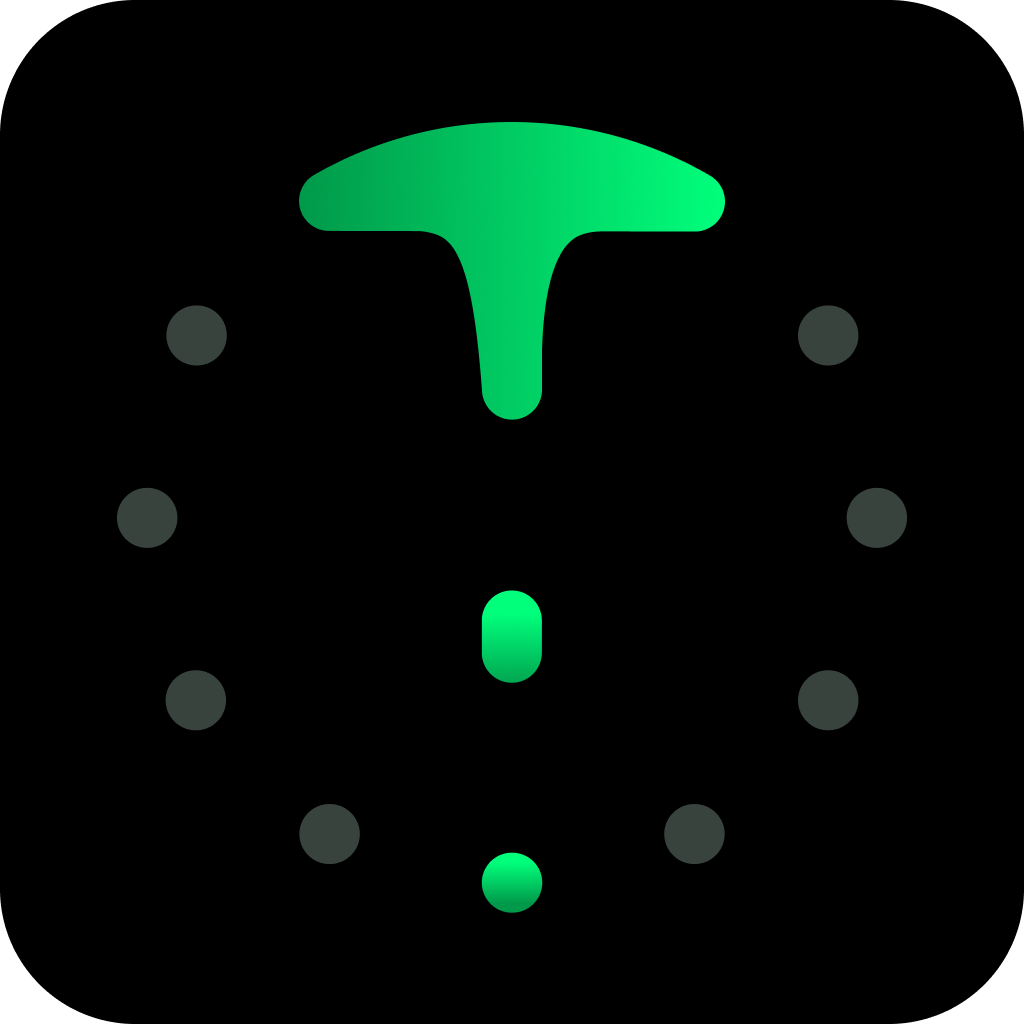 Green T-shaped symbol above three dots arranged in a triangular pattern, surrounded by a circle of smaller dark dots on black background.