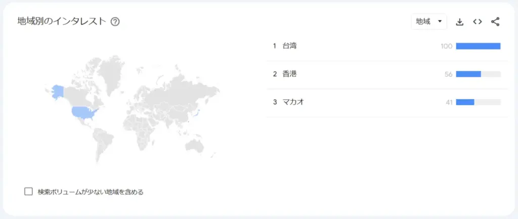 キーワードが地域ごとにどの程度人気かを示すGoogleトレンドの地域別インタレスト