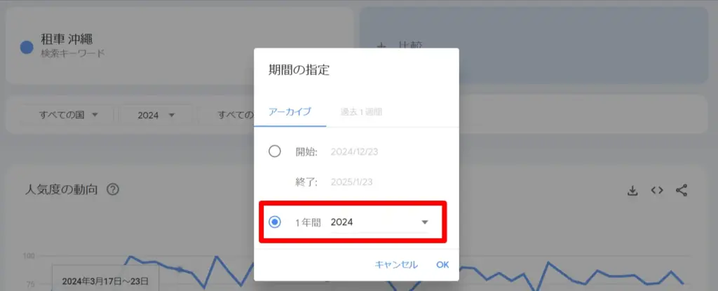 長期戦略として期間を1年間に設定し、年間を通したキーワードを分析するGoogleトレンド画面
