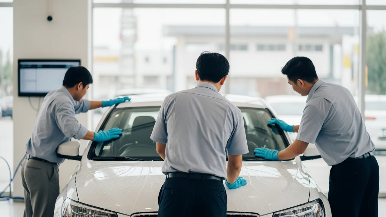 スタッフが協力して車両を準備するレンタカー店舗のイメージ