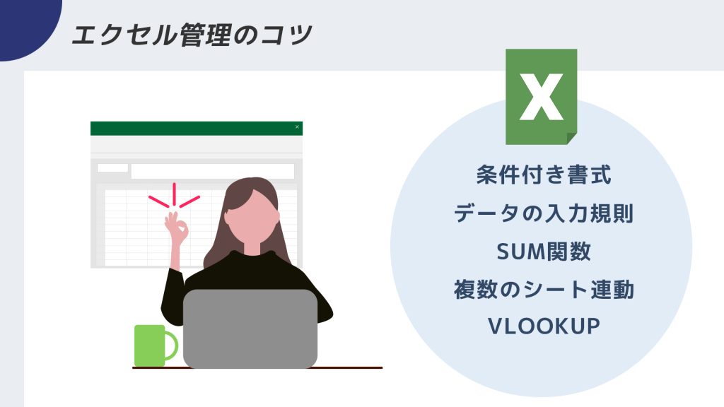 エクセルの条件付き書式や関数で管理を効率化するイメージ