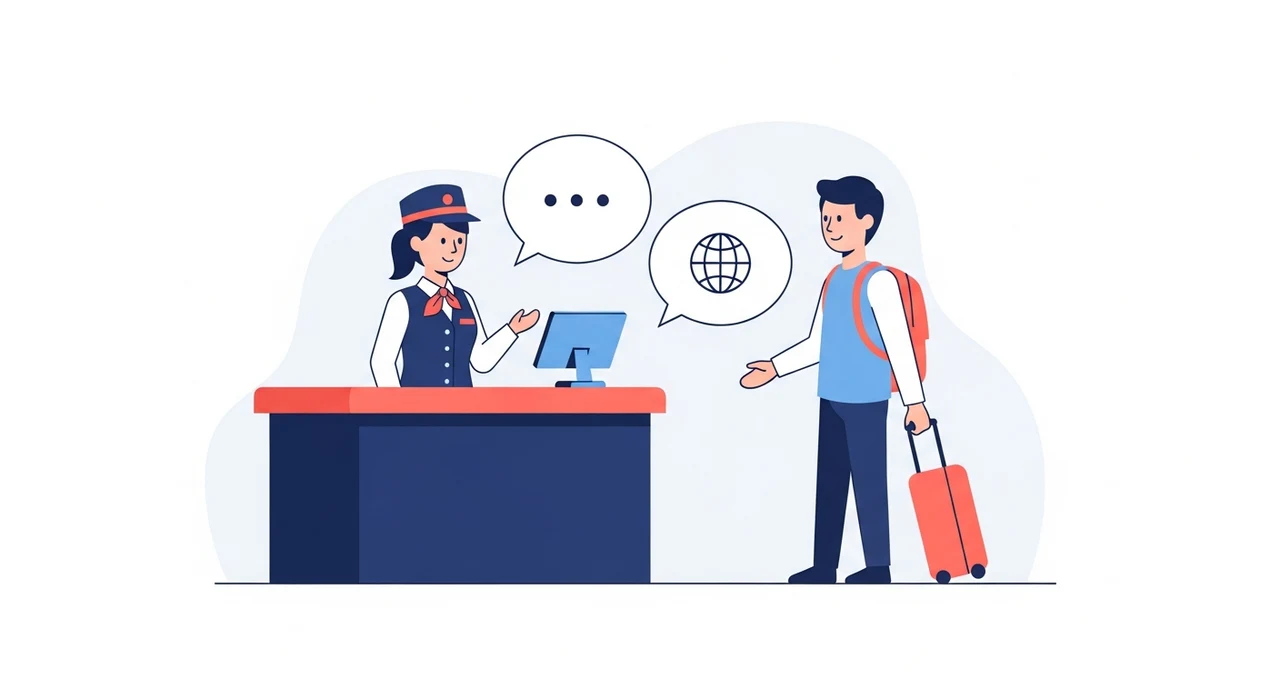 レンタカー受付カウンターで言葉が通じないスタッフと外国人ドライバーのイメージイラスト