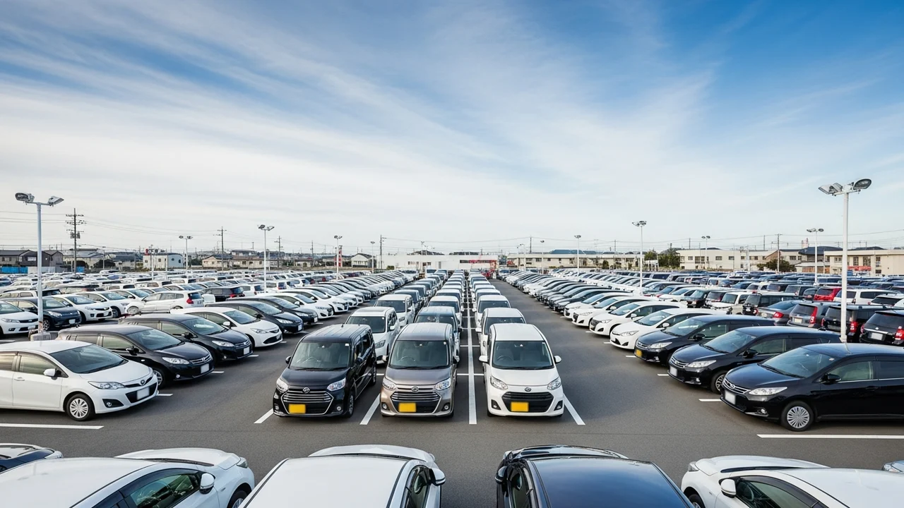 多くのレンタカー車両が並ぶ大規模な駐車場