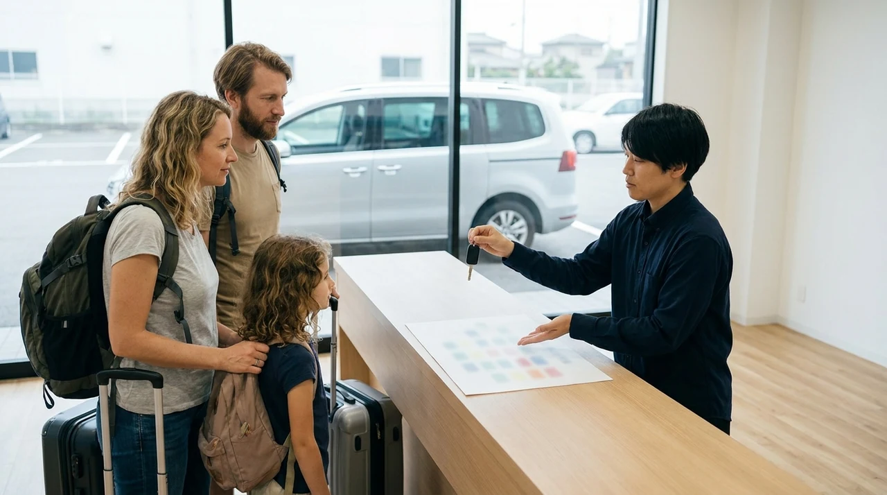 レンタカー店のカウンターで、スタッフが車の鍵と日程表の用紙を示し、スーツケースを持つ海外からの家族連れに説明する様子