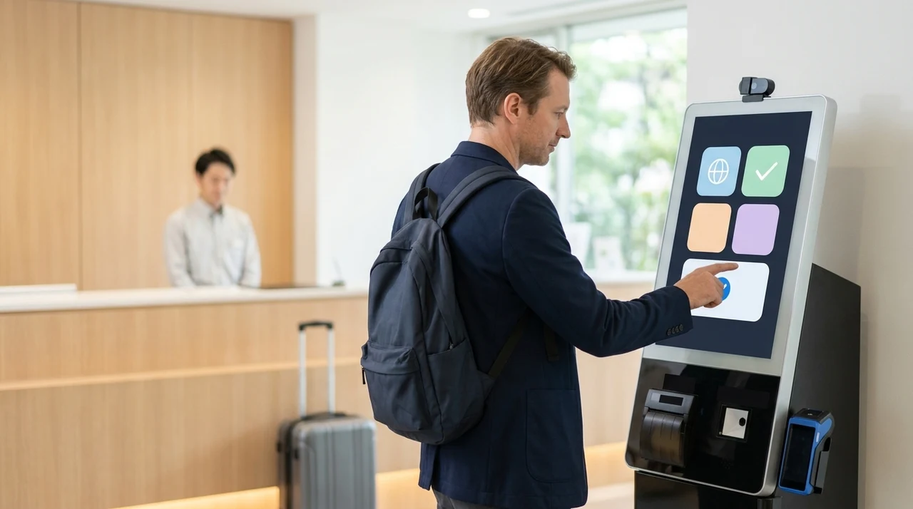 レンタカー店のロビーで、リュックを背負った海外からの旅行者がセルフチェックイン機(受付端末)の画面に触れる様子
