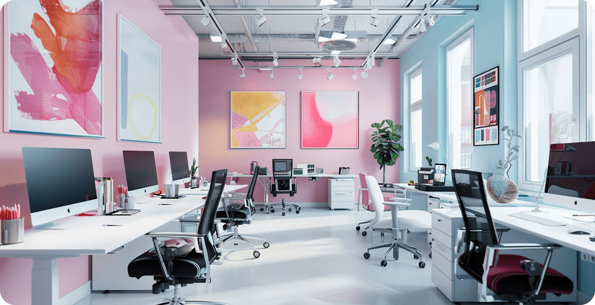 An image of a vibrant, modern office space with pink walls, white desks, and colorful abstract art.