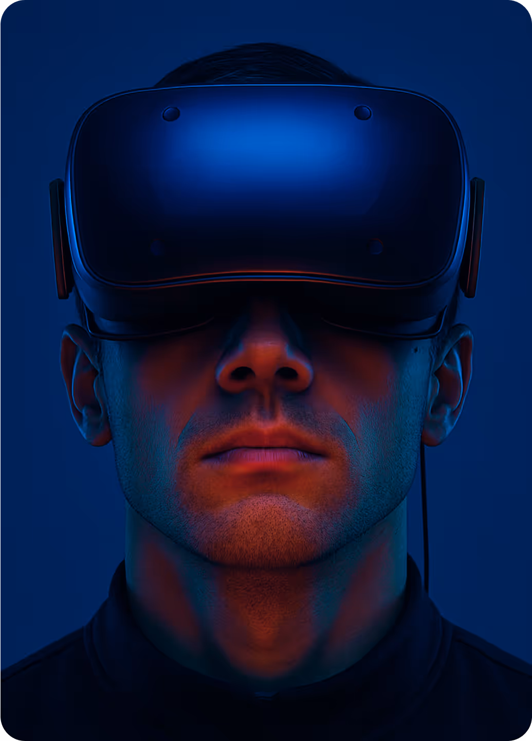 A person wearing a virtual reality headset, illuminated by blue and red light, looking forward.