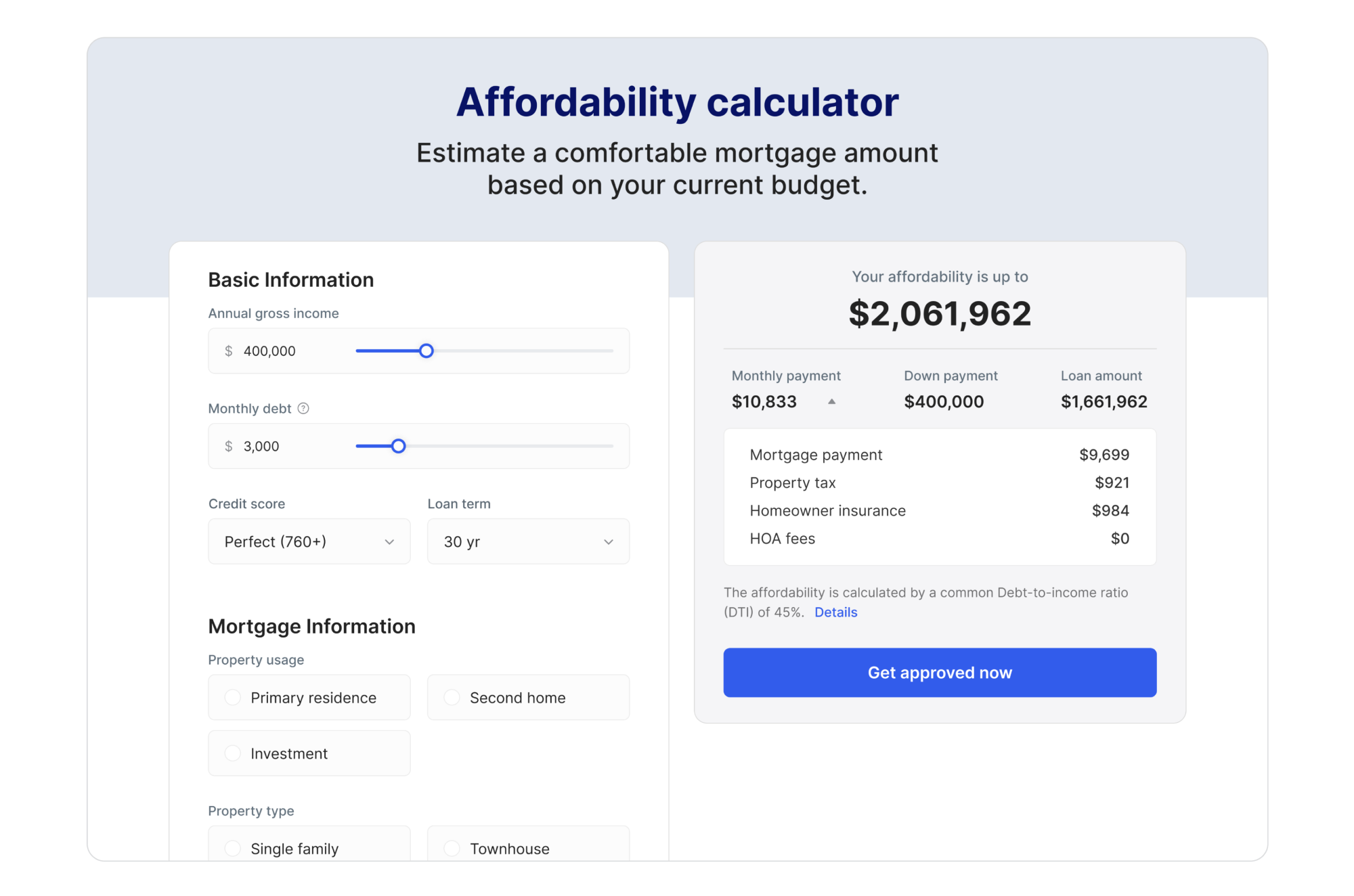 Modern mortgage calculator UI