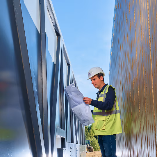 Bauarbeiter mit Schutzhelm und Warnweste, der einen Bauplan zwischen zwei großen Metallkonstruktionen liest.