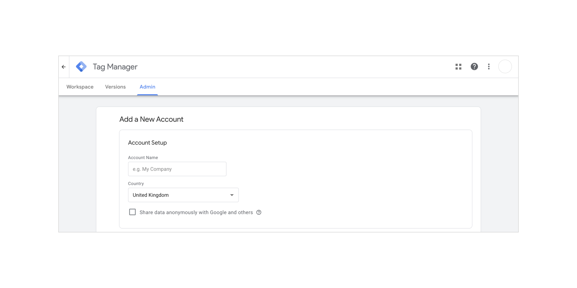 An image of the Google Tag Account Setup section