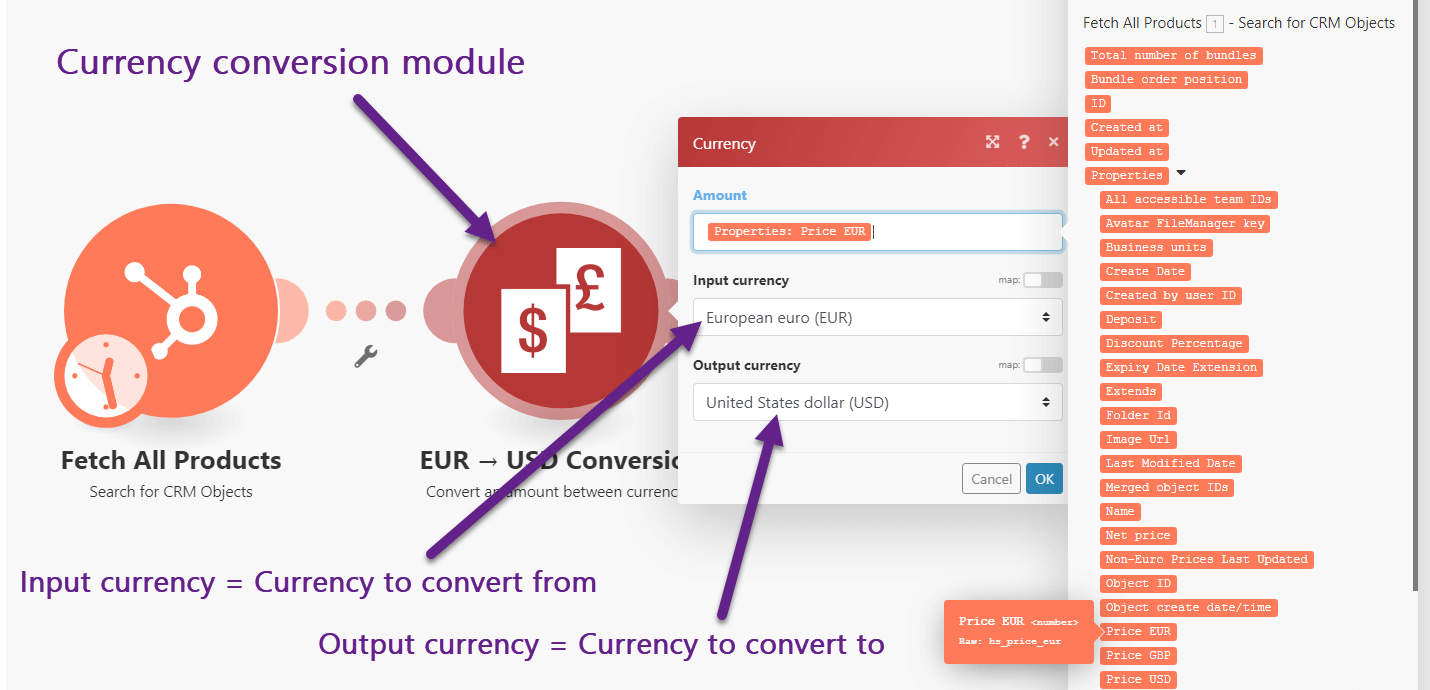 Showing Integromat Scenario Currency Conversion Module options